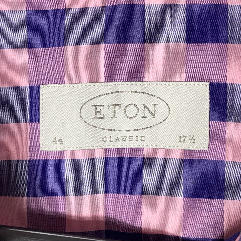 Eton Dress Shirt Mens 17.5 44 Slim Fit Pink Navy Check Long Sleeve Cotton - Picture 2 of 2